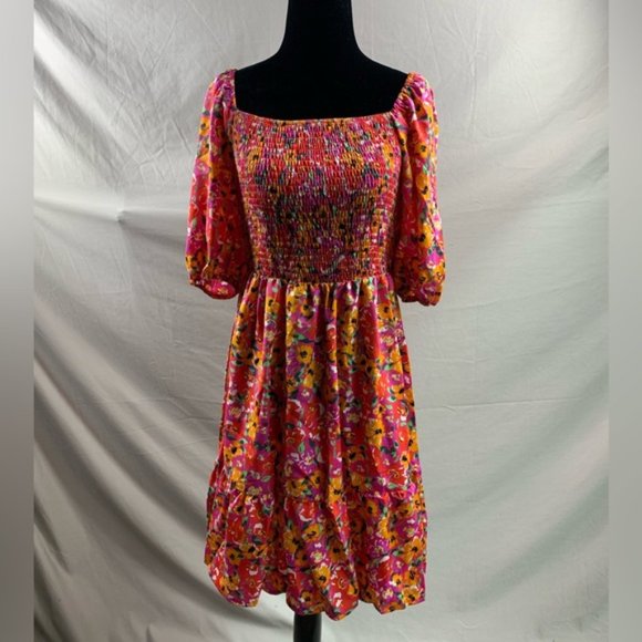 Shirred Floral Print Square Neck Puff Sleeve Dress - Picture 6 of 7